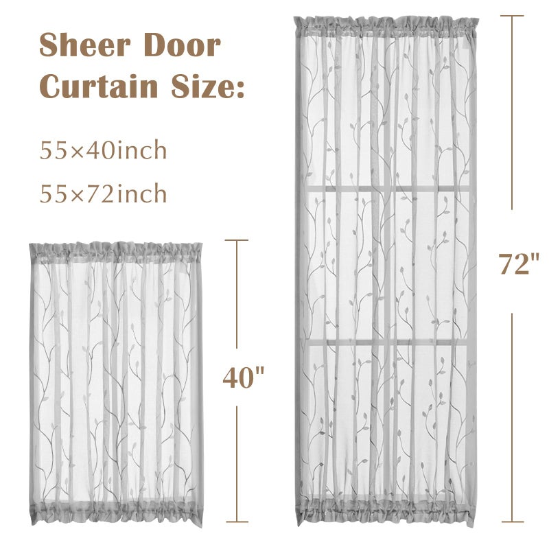 jinchan Sheer Door Curtain 40 Inches Grey Floral Embroidered Semi-Sheer Embroidery Voile Floral French Door Curtain Light Filtering Drape Rod Pocket 1 Panel Gray - Image 3